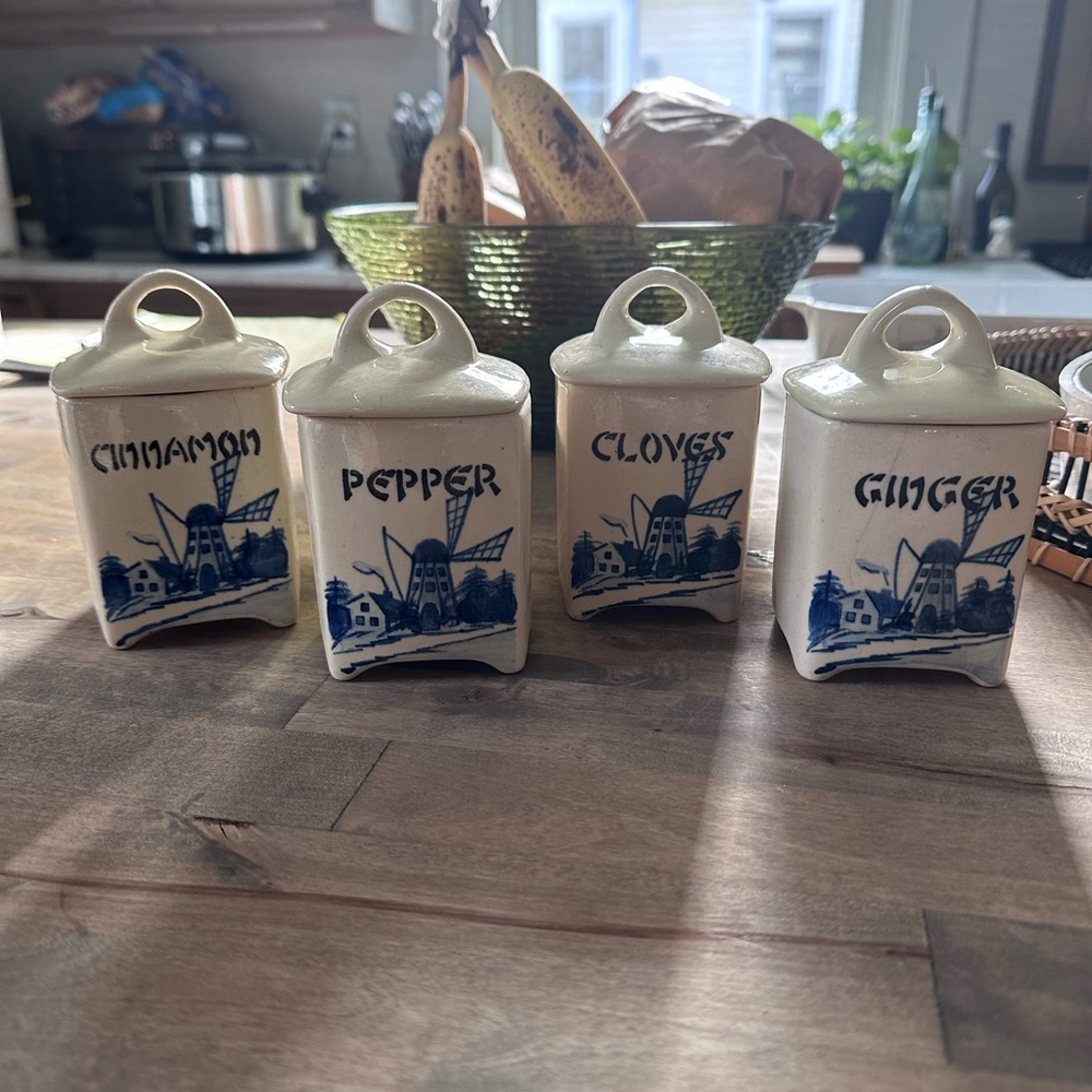 Set of 4 antique blue windmill porcelain spice containers